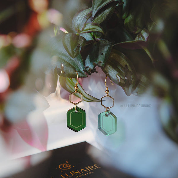Boucles d’oreilles Grace, plexiglass, fait main, Belgique