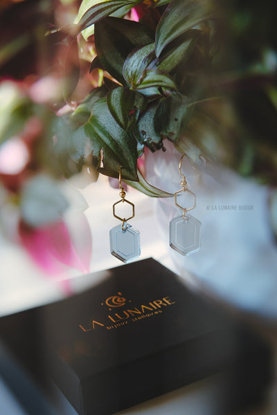 Boucles d’oreilles Grace, plexiglass, fait main, Belgique